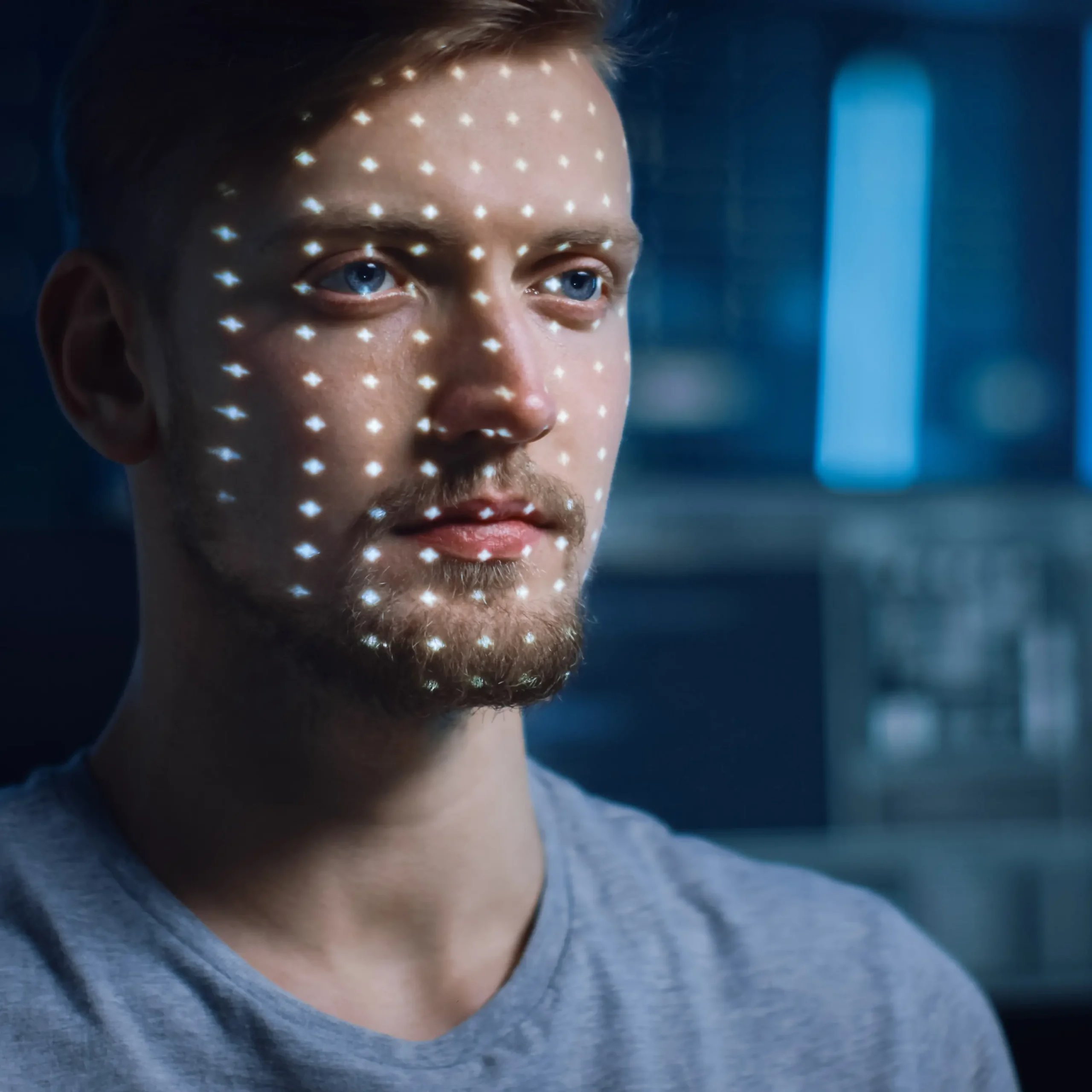 Man met baard kijkt vooruit terwijl lichtpuntjes een gezichtsherkenningspatroon op zijn gezicht projecteren.