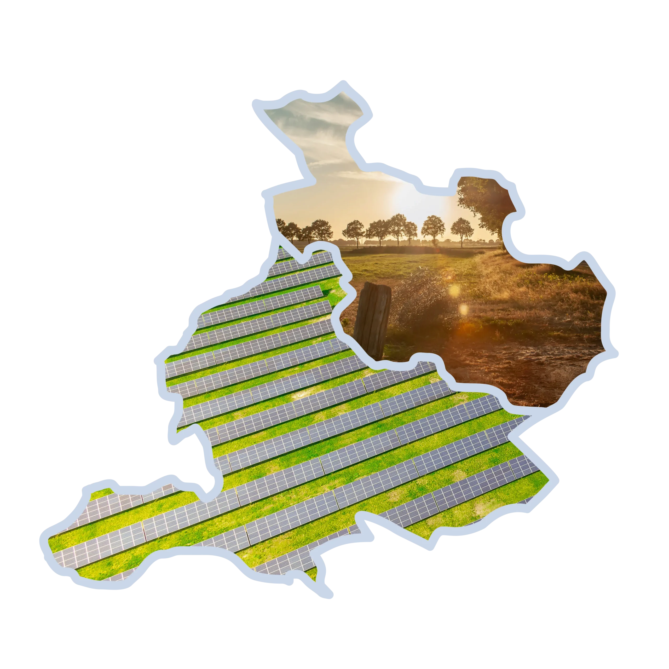 Schematische kaart van Gelderland en Overijssel gevuld met zonnepanelen en een landschap bij zonsondergang.