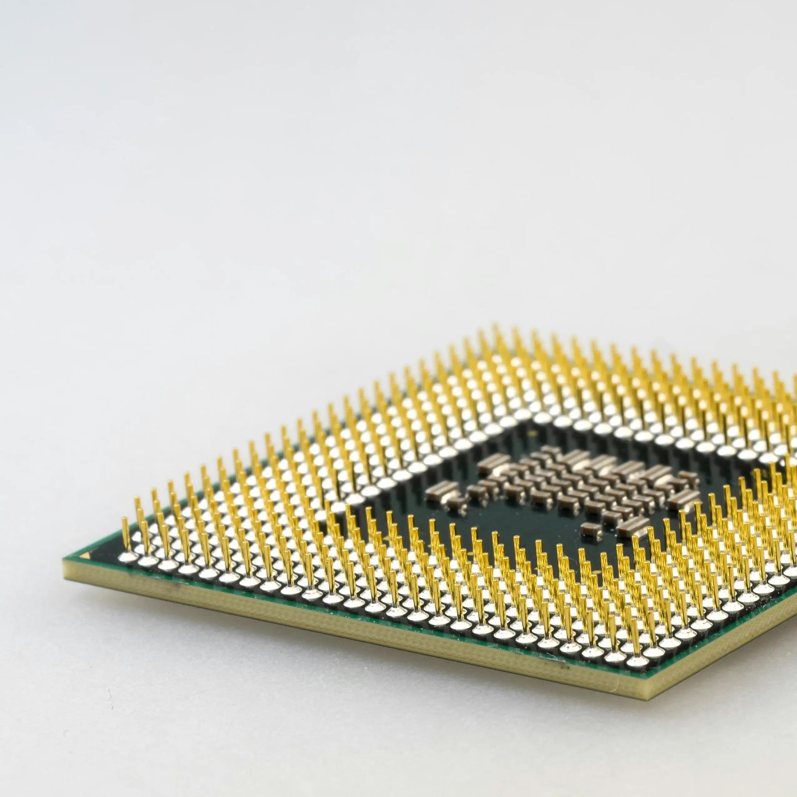 Close-up van een computerchip met gouden pinnetjes op een witte achtergrond.