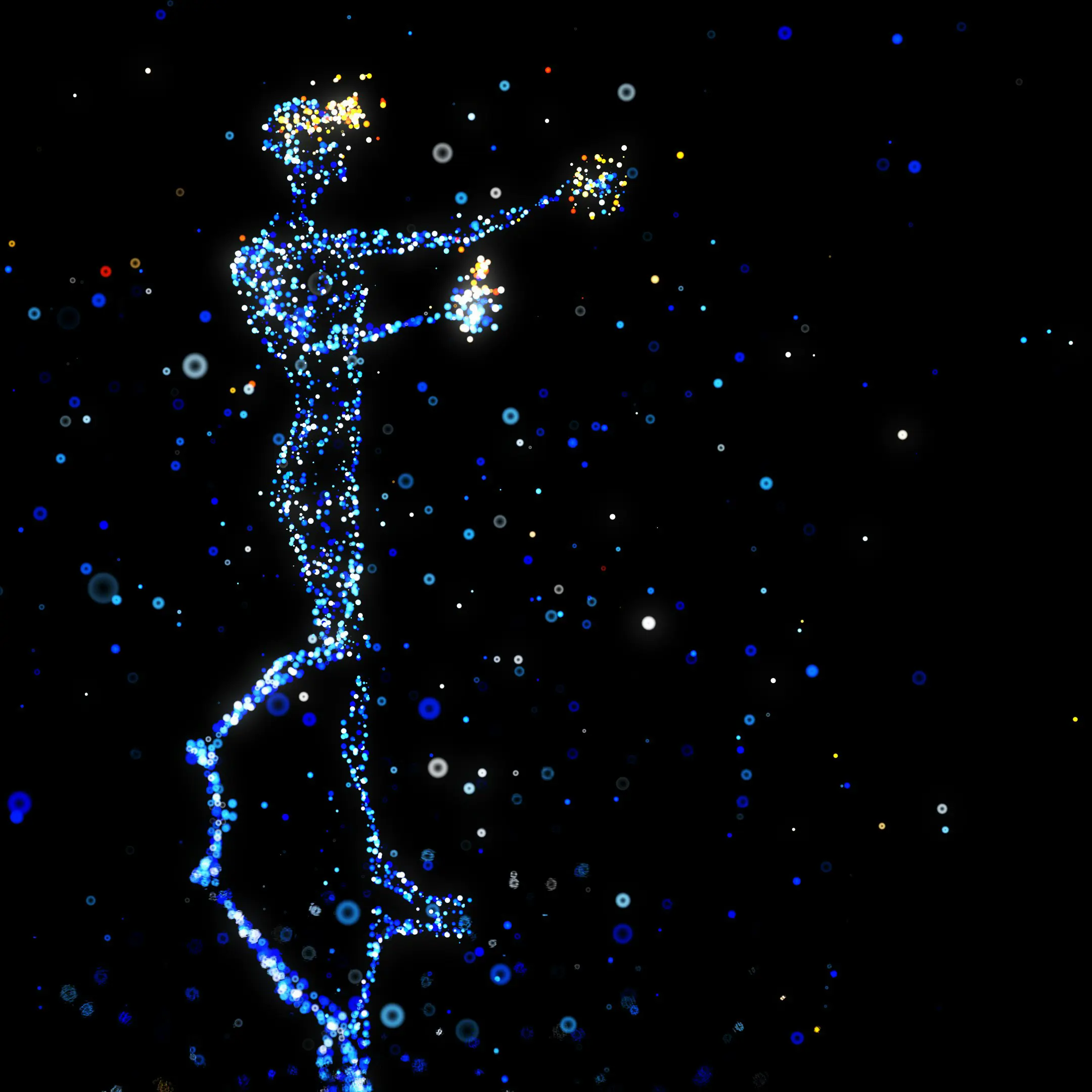 Visualisatie van een teammaite. Een abstracte menselijke figuur opgebouwd uit blauwe lichtpuntjes tegen een zwarte achtergrond.